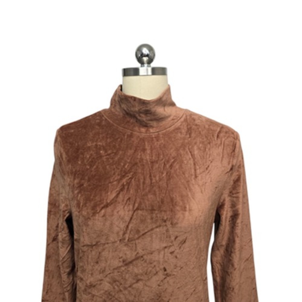 Everlane Shirt Womens Large Brown‎ Crushed Velour Mock Neck Long Sleeve Stretch - Picture 8 of 10